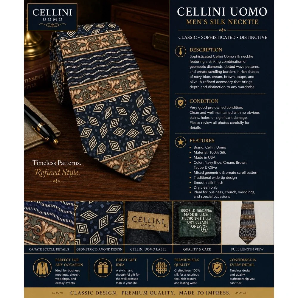 Cellini Uomo Men's 100% Silk Necktie Navy Blue Geometric Pattern Made in USA